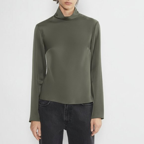 Aritzia Babaton Calisto Satin Blouse Turtleneck Long Sleeve Gray Green - Picture 1 of 10